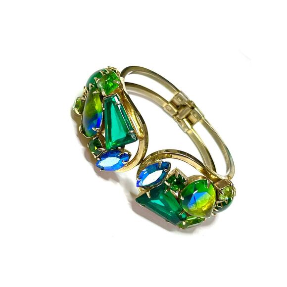 Julianna Bracelet & Clip Earrings Givre Blue Green Gold Hinged Bangle S15 - Picture 4 of 12